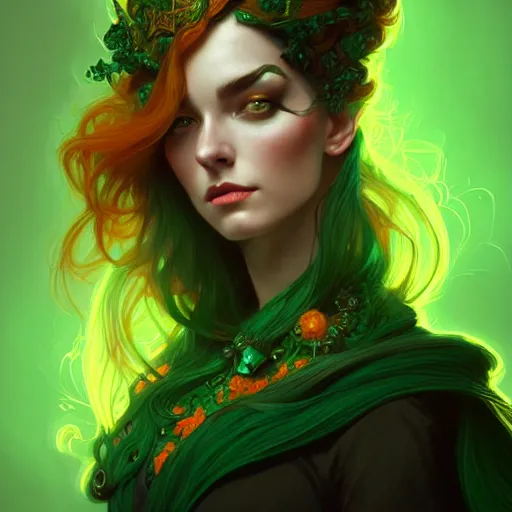 Image similar to aristocrat, green black orange color palette, female, d & d, fantasy, intricate, elegant, highly detailed, long green hair, digital painting, artstation, octane render, concept art, matte, sharp focus, illustration, hearthstone, art by artgerm, alphonse mucha johannes voss