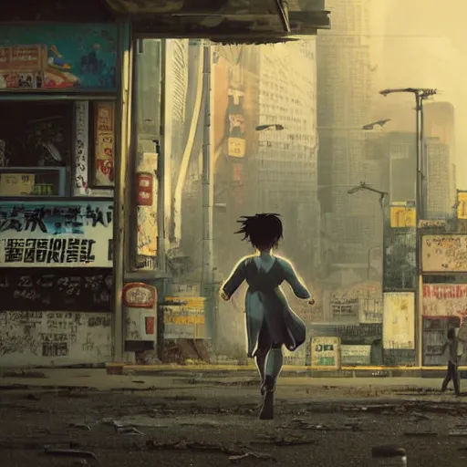 Image similar to incredible wide screenshot, ultrawide, simple watercolor, rough paper texture, ghost in the shell movie scene, backlit distant shot of girl in a parka running from a giant robot invasion side view, yellow parasol in deserted dusty shinjuku junk town, broken vending machines, bold graphic graffiti, old pawn shop, bright sun bleached ground, mud, fog, dust, windy, scary robot monster lurks in the background, ghost mask, teeth, animatronic, black smoke, pale beige sky, junk tv, texture, brown mud, dust, tangled overhead wires, telephone pole, dusty, dry, pencil marks, genius party,shinjuku, koji morimoto, katsuya terada, masamune shirow, tatsuyuki tanaka hd, 4k, remaster, dynamic camera angle, deep 3 point perspective, fish eye, dynamic scene