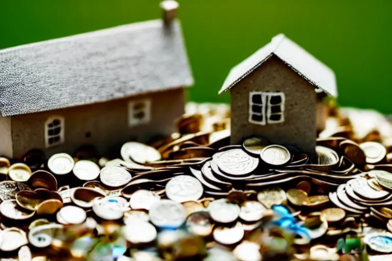 Image similar to a house, under construction, made of money, with piles of coins around it