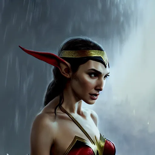 Image similar to An enchanting portrait of Gal Gadot as an elf in evening gown, evening, detailed matte painting, cinematic, Alan Lee, Artstation