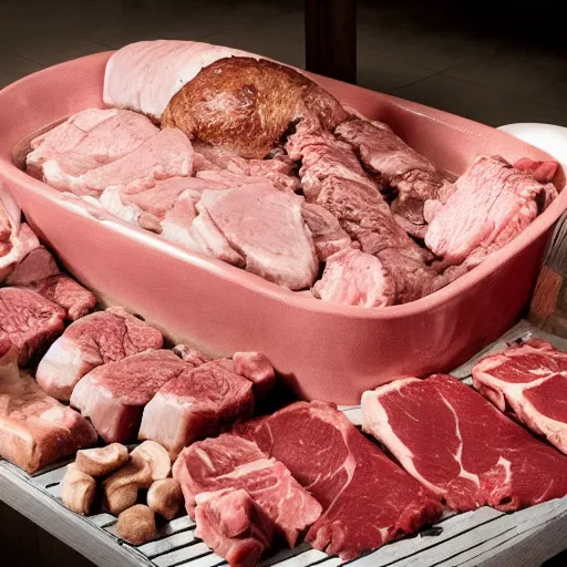 Image similar to a bathtub full of meat surrounded by a hungry family