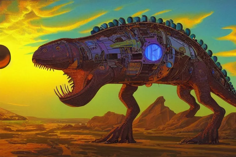 Prompt: mechanical dinosaur, art by alex schomburg and syd mead, trending on artstation, bioluminescence rear view in the golden hour, stuckism, 4 k hd wallpaper, fantasy artist, gond painting