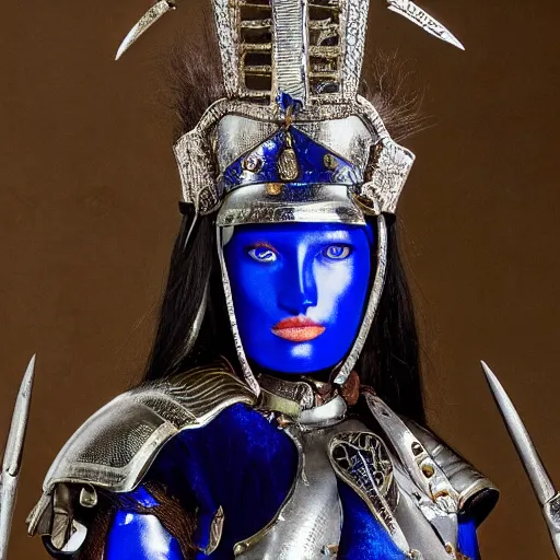 Prompt: photo of a female warrior with sapphire encrusted armour