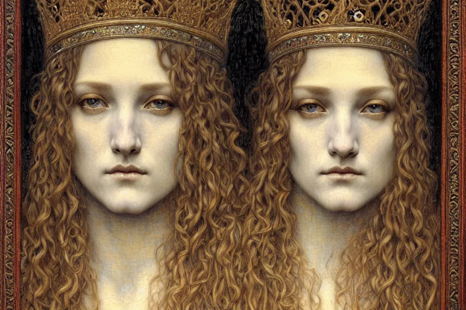 Image similar to detailed realistic beautiful young medieval queen face portrait by jean delville, gustave dore and marco mazzoni, art nouveau, symbolist, visionary, gothic, pre - raphaelite. horizontal symmetry