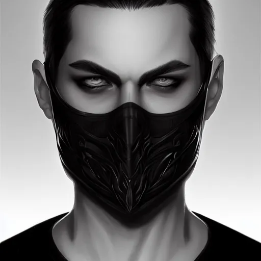 Image similar to man wearing black fabric mask, highly detailed face, character art portrait, deviantart artstation, by artgerm