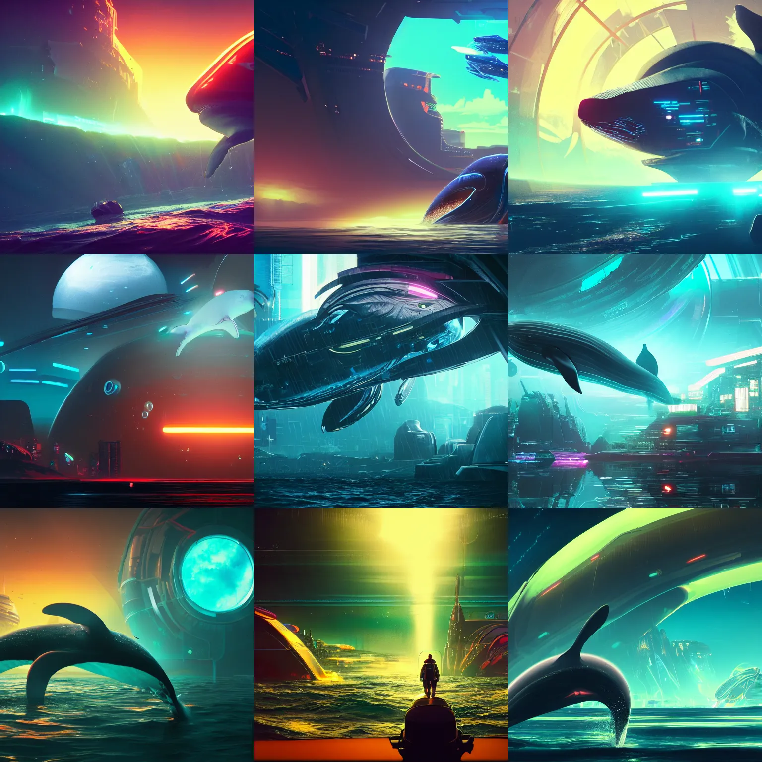 Prompt: photo of a whale on an alien cyberpunk neon planet, cinematic, atmospheric, 8k, trending on artstation