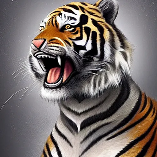 Image similar to !dream a humanoid tiger like creature with grey fur in full body armor, force fields on the armor, yellow eyes, and grey fur with teeth that protrude past their lower jaw holding rifles