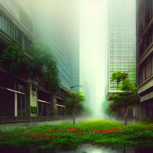 Prompt: abandoned downtown, skyscrapers heavily overgrown with lush flowering vines, foggy atmosphere, early morning, by rembrandt and wlop, intricate, detailed, photorealistic imagery, artstation