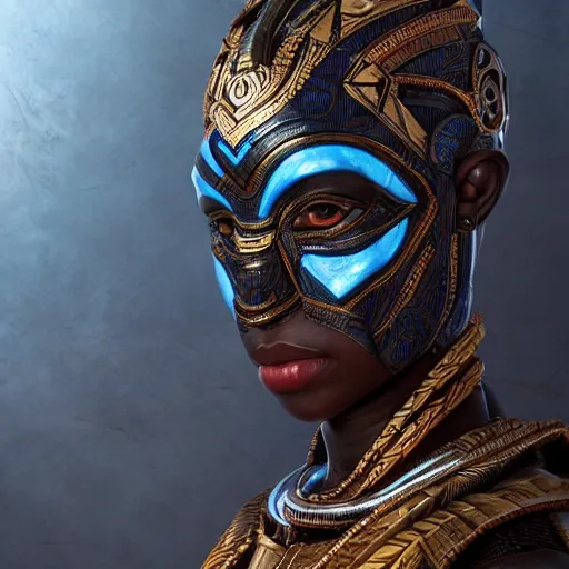 Prompt: african tribal mask in wakandan style cyberpunk, ultra realistic, concept art, intricate details, eerie, horror, highly detailed, photorealistic, octane render, 8 k, unreal engine. art by artgerm and greg rutkowski and alphonse mucha