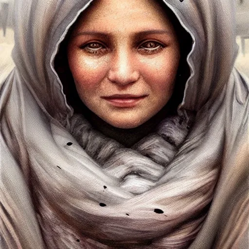 Prompt: A close up futuristic portrait of a babushka on the street of a Russian sleeping quarters on the moon, Norilsk, sci-fi, fantasy, intricate, very very beautiful, elegant, highly detailed, digital painting, artstation, concept art, smooth, sharp focus, illustration, art by artgerm and greg rutkowski and alphonse mucha