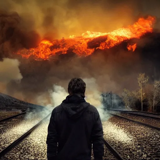 Image similar to a person at a trainwreck, devastation on the railroad, atmospheric smoke and fog, fire and flames, post-apocalyptic, Cinematic horror, high detail, 4k