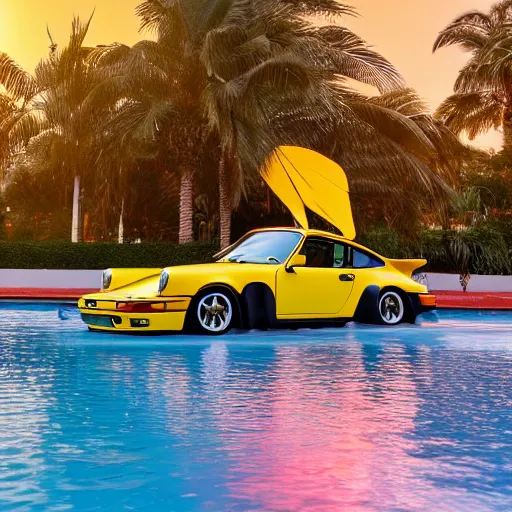 Prompt: a yellow 1 9 8 5 porsche 9 1 1 turbo driven half into a palm beach swimming pool, sunset, hyperreal, 4 k