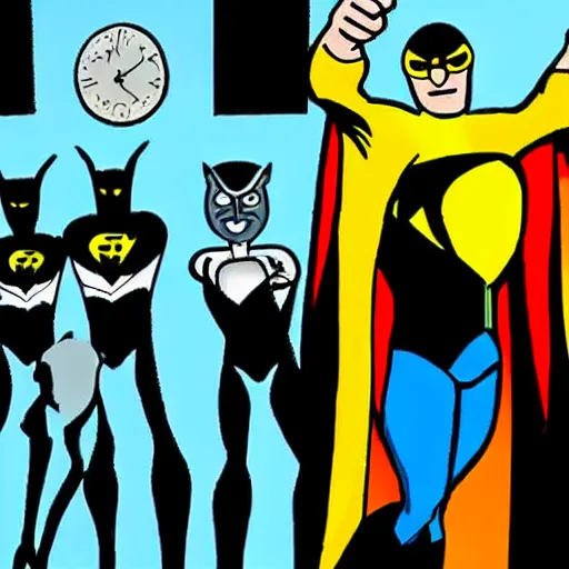 Prompt: Nite-Owl from Watchmen standing in an alleyway with his arms crossed and his cape blowing in the wind, in the style of Bruce Timm, In the style of Justice League unlimited, Cartoon Style