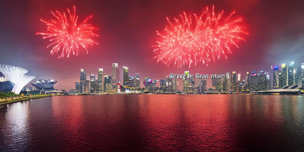 Prompt: Singapore city, Singapore Esplanade, Singapore Marina Bay, with a lion-shaped cloud in the sky and fireworks in the sky, by greg rutkowski, red and white lighting, digital art, ultra realistic, ultra detailed, photorealistic, 4k, character concept