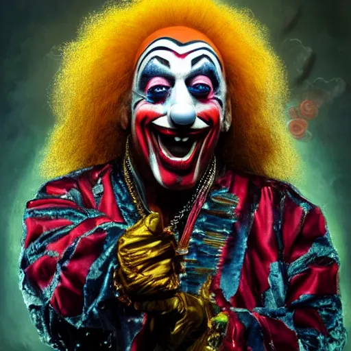 Image similar to UHD hyperrealistic Dee Snider dressed as a clown playing electric guitar, with intricate clown makeup, by Antonio Caparo and Ferdinand Knab and Greg Rutkowski UHD photorealistic trending on artstation