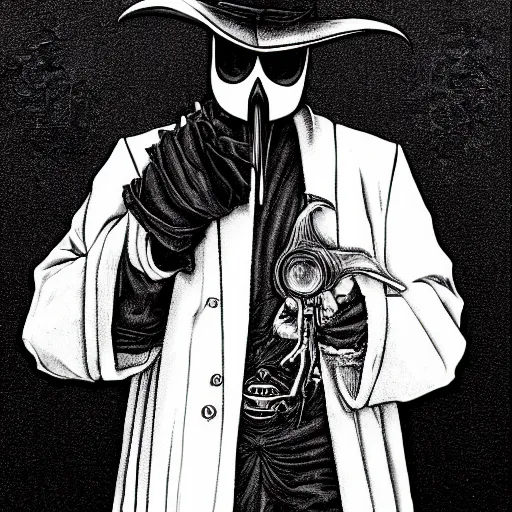 Image similar to a portrait of a plague doctor gunslinger, dark fantasy, horror, western, hell, ultrafine detailed digital pencil art by takeshi obata and mike mignola and irving penn, death note style, colored, symmetric body, cgsociety, sharp focus, detailed face, looking at the camera