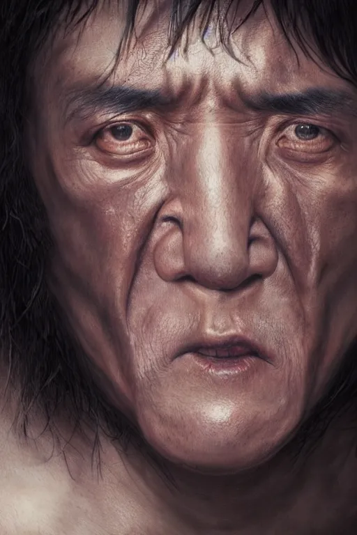 Image similar to realistic portrait beautiful detailed matte painting of cinematic movie scene jackie chan mutate into botfly larva. horror, created by gustave dore and greg rutkowski, high detailed, smooth draw, synthwave neon retro, intricate, realistic proportions, dramatic lighting, trending on artstation.