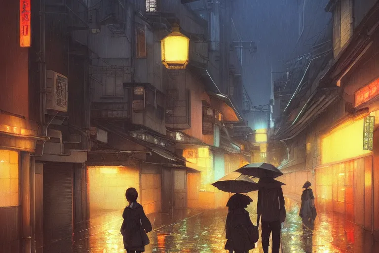 Image similar to a painting of a rain soaked back street in osaka at dusk, neon lights, dark figures walking, digital art, trending on artstation, by studio ghibli and greg rutkowski. spirited away. trending on artstation, hyperrealism, unreal engine