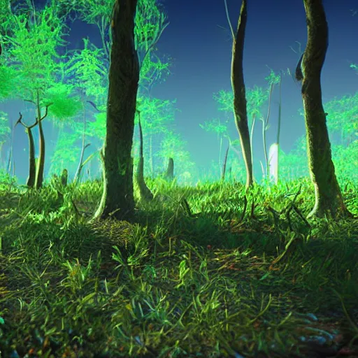 Prompt: A realistic strange neon lanscape, realistic, 4k resolution, detailled, realistic shaders, neon mushrooms, mushrooms particles, painting, forests, strange neon plants, realistic, detailled.