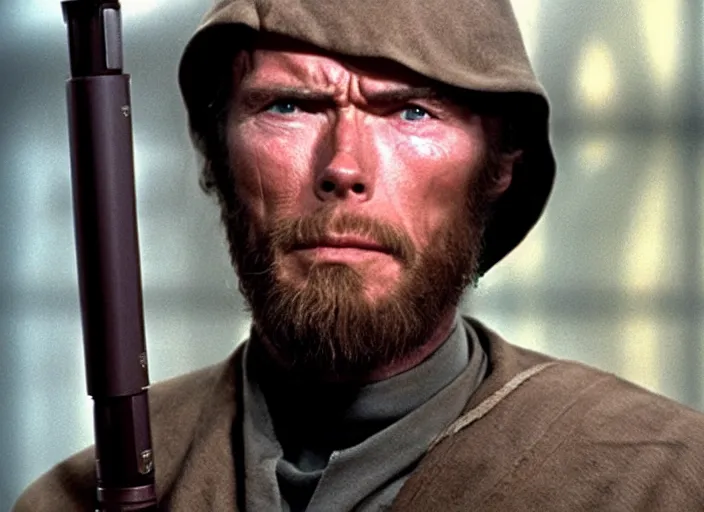 Prompt: Still of Clint Eastwood! as jedi master Obiwan kenobi. in the death star corridors in Star Wars (1977). detailed eyes