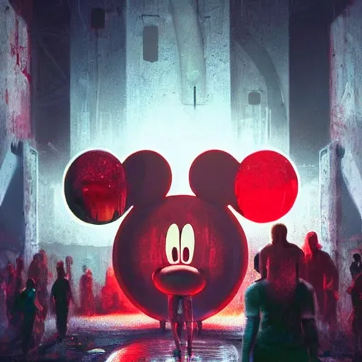 Image similar to a group of people around a giant giant mickey mouse wounded head with blood, netflix logo, cyberpunk art by david lachapelle, cgsociety, dystopian art by industrial light and magic, dark concept art, neons, interior
