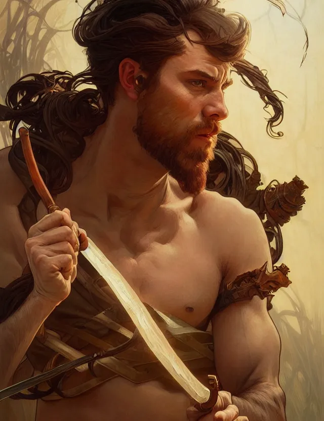 Prompt: portrait of cain from genesis holding a spear, headshot, intricate, highly detailed, digital painting, artstation, concept art, sharp focus, cinematic lighting, illustration, art by artgerm and greg rutkowski, alphonse mucha, cgsociety