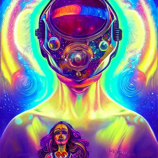 Image similar to An extremely psychedelic experience, colorful, surreal, dramatic lighting, cosmonaut, LSD, face, detailed, intricate, elegant, highly detailed, digital painting, artstation, concept art, smooth, sharp focus, illustration, art by Sam Spratt, Dan Mumford, Artem Demura and Alphonse Mucha