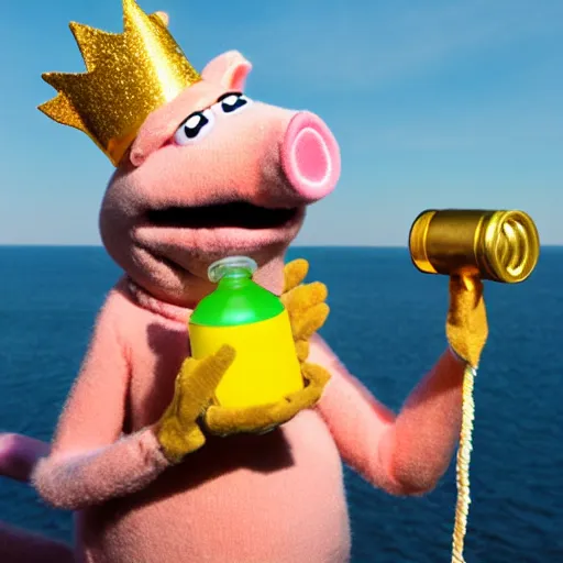 Prompt: pig working out wearing a gold crown as a Muppet holding a water bottle 8k