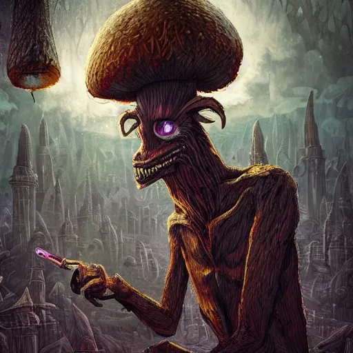 Image similar to 4 k headshot portrait of a psychedelic demonic anthropomorphic wendigo smoking a hand - rolled cigarette smoking heavily, magic mushroom village in background. award winning. superb resolution. in the art style of junji ito and greg rutkowski. detailed mushroom city in background. hyper realistic anime. perfect art. dalle 2