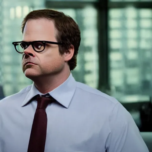 Image similar to rainn wilson as michael scott, splash art, movie still, cinematic lighting, ray tracing, detailed face, octane render, long lens, shallow depth of field, bokeh, anamorphic lens flare, 8 k, hyper detailed, 3 5 mm film grain