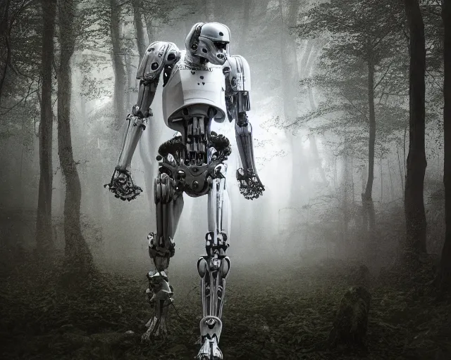 Prompt: photo of a white terminator stormtrooper with heavy duty biomechanical hydraulic cybernetic body fighting with a jedi in the forest. cyberpunk horror style. highly detailed 8 k. intricate. nikon d 8 5 0 5 5 mm. award winning photography. art by hr giger and zdzislaw beksinski in the style of hzd