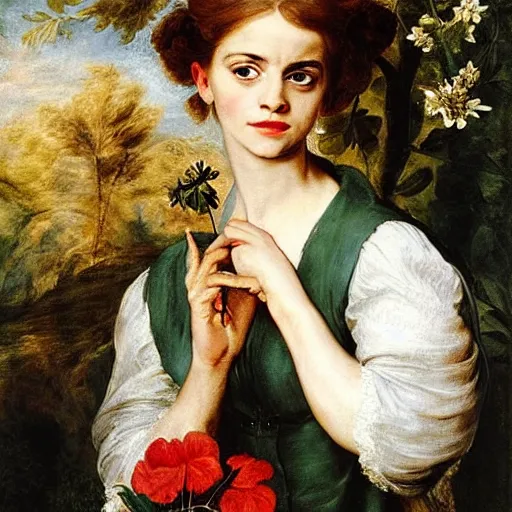 Image similar to Emma Watson wearing green tunic holding a flower. Painted by Rubens, high detail