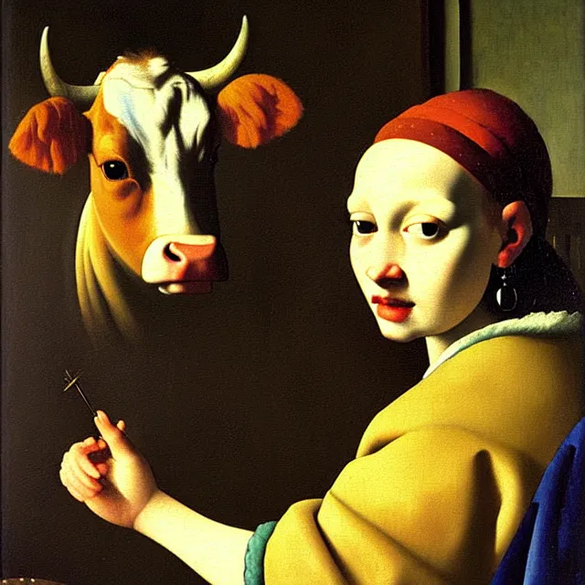 Prompt: a beautiful painting the cow is looking in the mirror, by jan vermeer a young girl with pearl earrings realistic oil painting