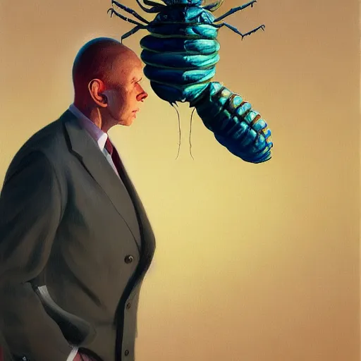 Image similar to Portrait of a man wearing a business suit with an insect head, very coherent, painted by Edward Hopper, Wayne Barlowe, painted by James Gilleard, airbrush, art by JamesJean