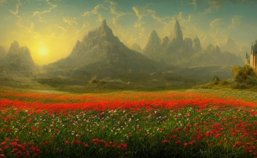 Prompt: beautiful flower field with a lone castle in the distance, close up shot, rocky, at dusk, distant mountains, 4k, rule of thirds, extreme detail, hazy, intricate ink illustration, surreal, surrealist, trending on artstation, cgsociety, hd, calm, complimentary colours, realistic lighting, by Albert Bierstadt, Frederic Edwin Church.