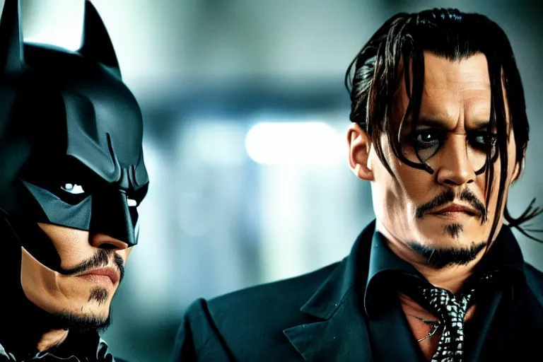 Image similar to film still of Johnny Depp as Batman in The Dark Knight, without mask, 4k