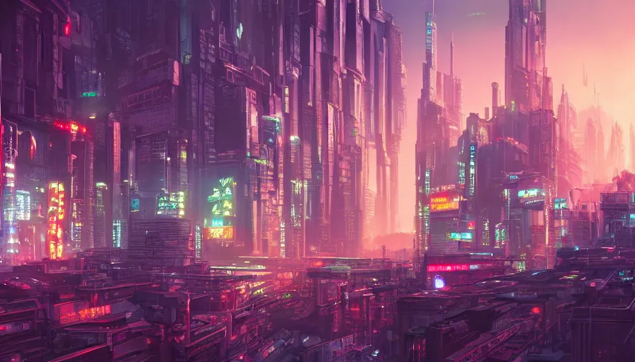 Prompt: A beautiful picture of an establishing shot of a cyberpunk neo tokyo cityscape by Sergey Vasnev and square pictures , trending on artstation