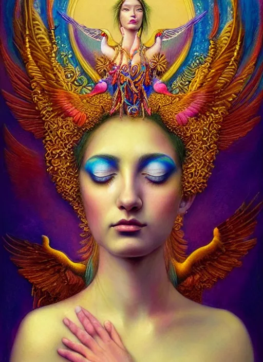 Image similar to portrait of the beautiful young goddess of birds, unusual beauty, etheric, outworldly colours, emotionally evoking symbolic metaphors, head in focus, fantasy, ornamental, intricate, elegant, highly detailed painting style photo, artstation, concept art, painterly, golden ratio, sharp focus, illustration, art by marco mazzoni and zdzisław beksinski,