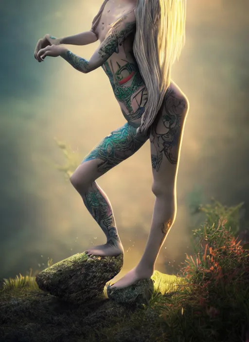 Image similar to photo of a girl elf with mystical tatoos, full body, insanely detailed, unreal render, warm light, barefoot