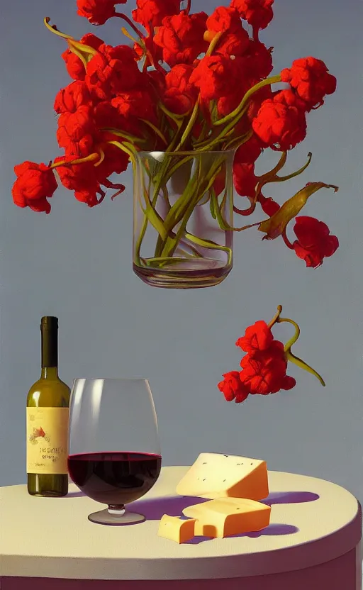 Image similar to an achingly beautiful still life featuring blooming flowers, tillamook cheese, and red wine , very coherent, painted by Edward Hopper, Wayne Barlowe, painted by James Gilleard, airbrush, art by JamesJean