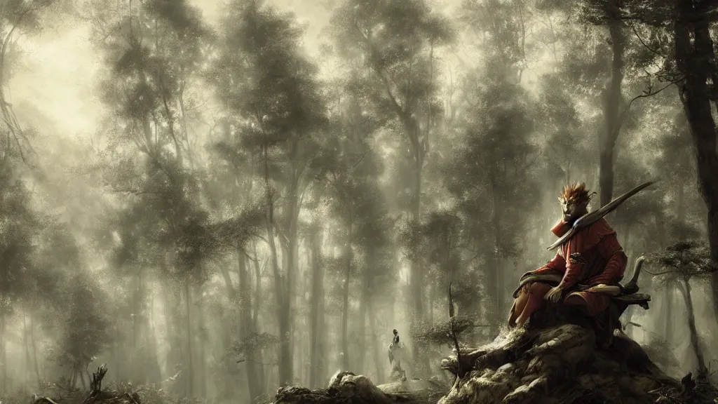 Image similar to sun wukong sitting alone in the melancholy forest. andreas achenbach, artgerm, mikko lagerstedt, zack snyder, tokujin yoshioka