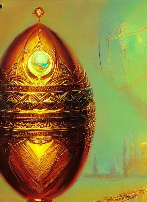 Prompt: faberge egg and andel shine, hyperrealism, no blur, 4 k resolution, ultra detailed, style of alexander trufanov, ismail inceoglu, tyler edlin, syd mead, carlos schwabe