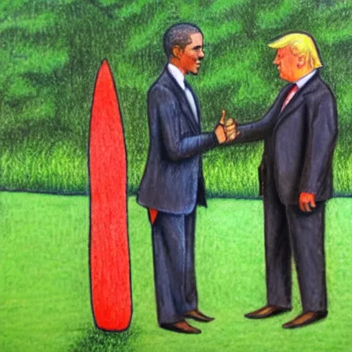 Prompt: 1 9 th century realistic oil pastel drawing of obama and trump having a lovely conversation in a garden, behind them is the white house.