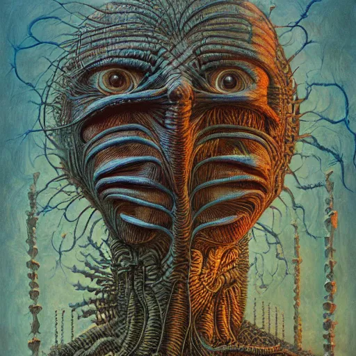 Prompt: HER AFTER LIFE by jacek yerka, alex gray, zdzisław beksiński, dariusz zawadzki, jeffrey smith and h.r. giger, oil on canvas, 8k highly professionally detailed, trending on artstation