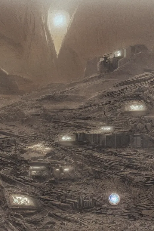 Prompt: research lab brutalist arquitecture with yellow industrial lights on in a man made stone valley in the middle of the desert of Mars planet at night dust storm concept art by yoshitaka amano and H.R. Giger, intricate detail, 8k, featured art