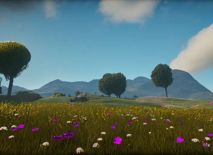 Prompt: fields full of flowers and blue sky with hills in the background. Intricate. Very detailed 8k. Fantasy horror. Sharp. Cinematic post-processing. Unreal engine. Nanite. Ray tracing. Parallax. Tessellation