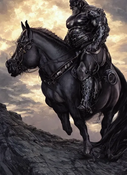 Image similar to chonky ethan van sciver with a bald head and grey trimmed beard with a pointy nose as the first horseman of the apocalypse riding a strong big black stallion, horse is up on its hind legs, beautiful artwork by artgerm and rutkowski, breathtaking, beautifully lit, dramatic, full view