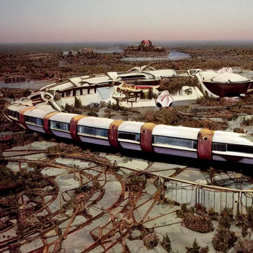 Prompt: post - apocalyptic epcot center, wasteland, barren, monorail, abandoned, walt disney world, highly detailed, intricate, 8 k