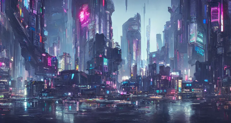 Prompt: epic digital matte paining of a cyberpunk city by Jama Jurabaev, extremely detailed, artstation