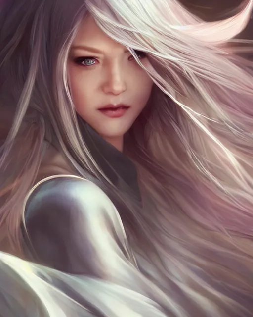 Image similar to a beautiful female cleric, ethereal, dreamy, backlit, silky white hair, realistic face, realistic lighting, sharp focus, hair in the wind, rule of thirds, by artgerm, wlop, rossdraws, frank frazetta, andrei riabovitchev, trending on artstation, hd, 4 k, fantasy